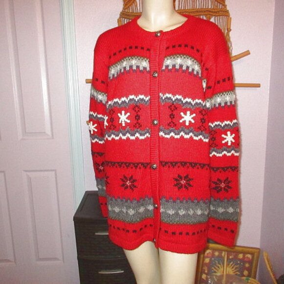 Vtg Neckworks 3D Knit Cardigan Sweater Size XL Alpaca Wool Fair Isle Snowflakes - Picture 1 of 11